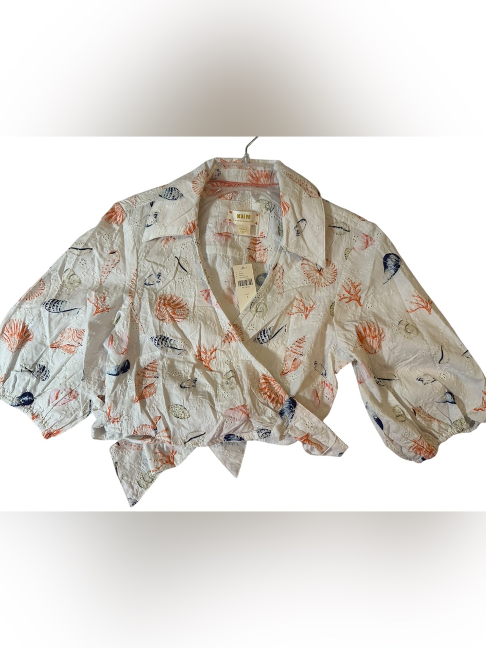 NWT Anthro Maeve White Embroidered Seashells Cropped Top Back Tie Puff Sleeves - Picture 4 of 11